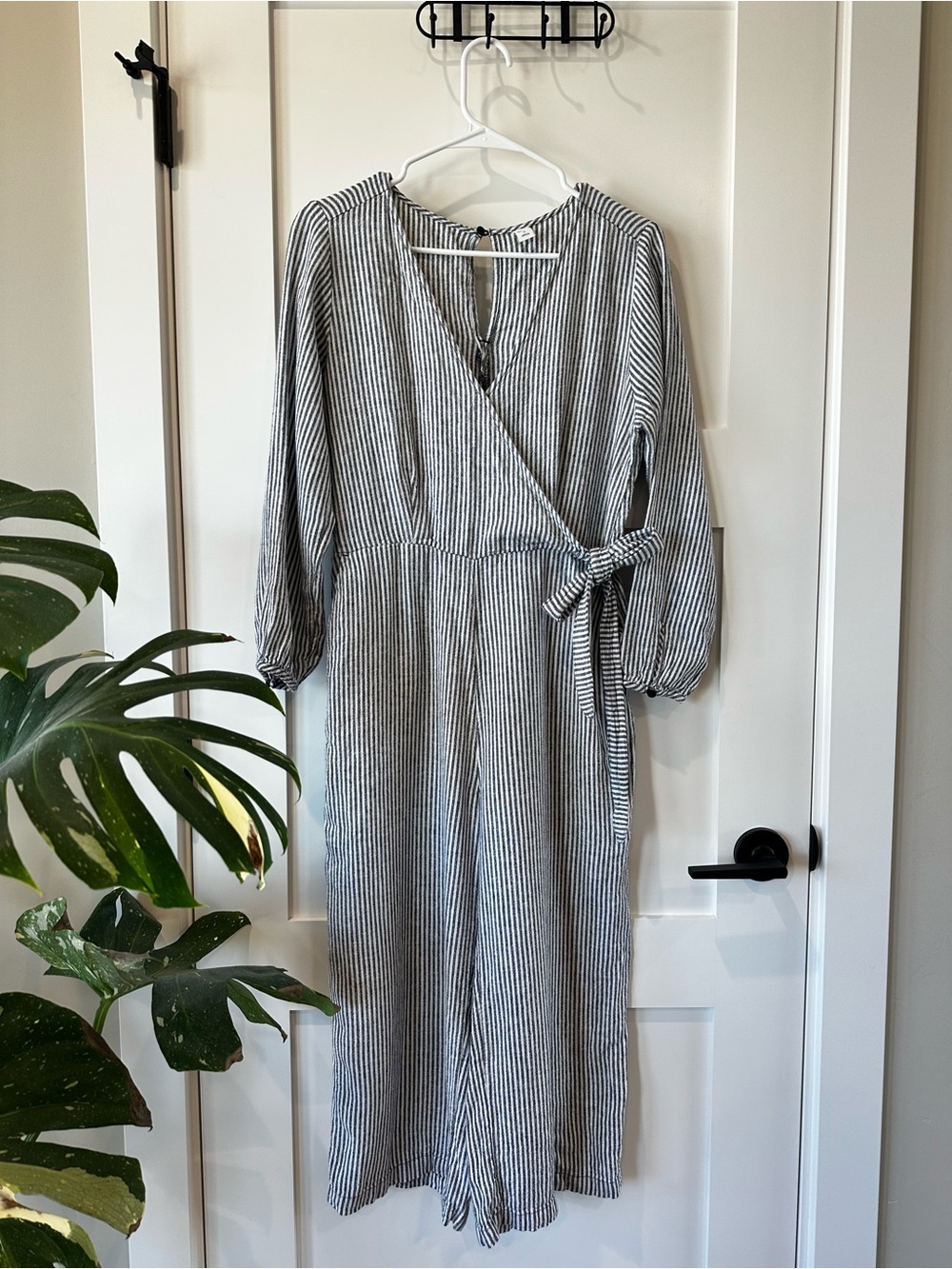 Old Navy Blue & White Striped Wrap Jumpsuit